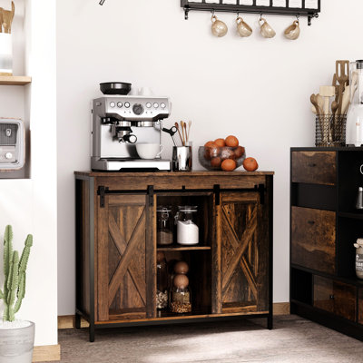 Buffet de style industriel, couleur brun rustique. Meuble de rangement avec porte coulissante et tablette réglable. Dimensions : 90 cm (L) x 34 cm (P) x 76 cm (H). Couleur : marron. Parfait pour le salon.