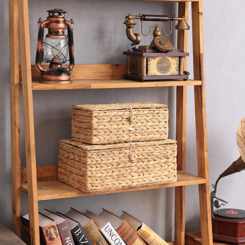 Set Of 2 Rectangular Wicker Storage Bins With Lid, Multipurpose Organizer Rattan Display Boxes For Shelf Organizer, Boho Wicker Box For Home Decoration