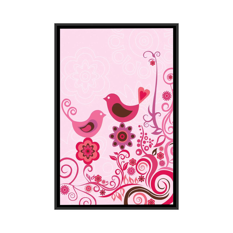 « rose oiseaux et ornements », impression sur toile tendue, H 26 po x l 18 po x P 1,5 po, Cadre noir