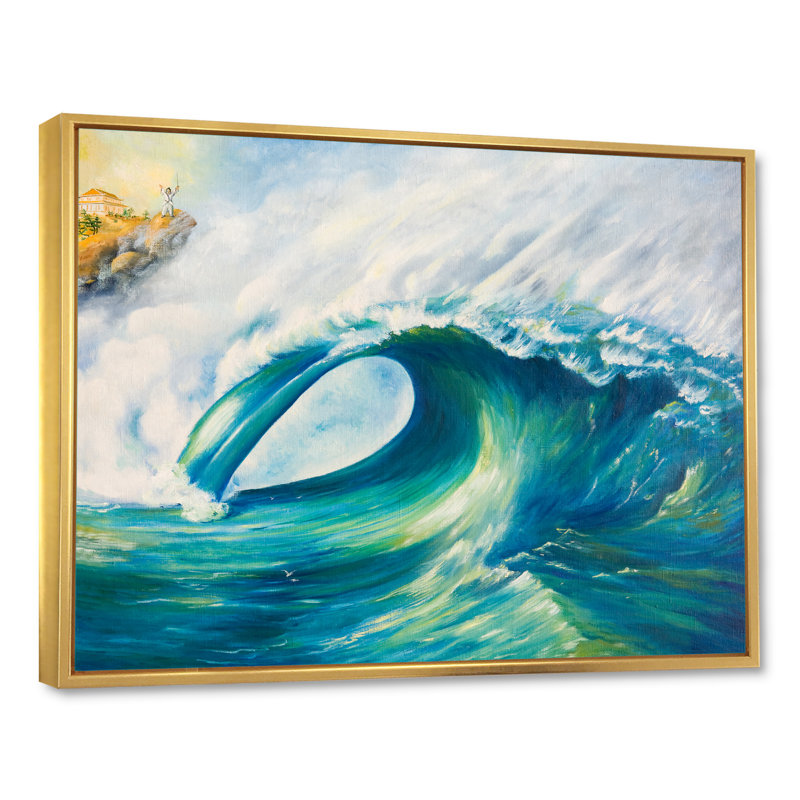 Tsunami - reproduction sur toile, H 16 po x l 32 po x P 1 po, Cadre flottant doré