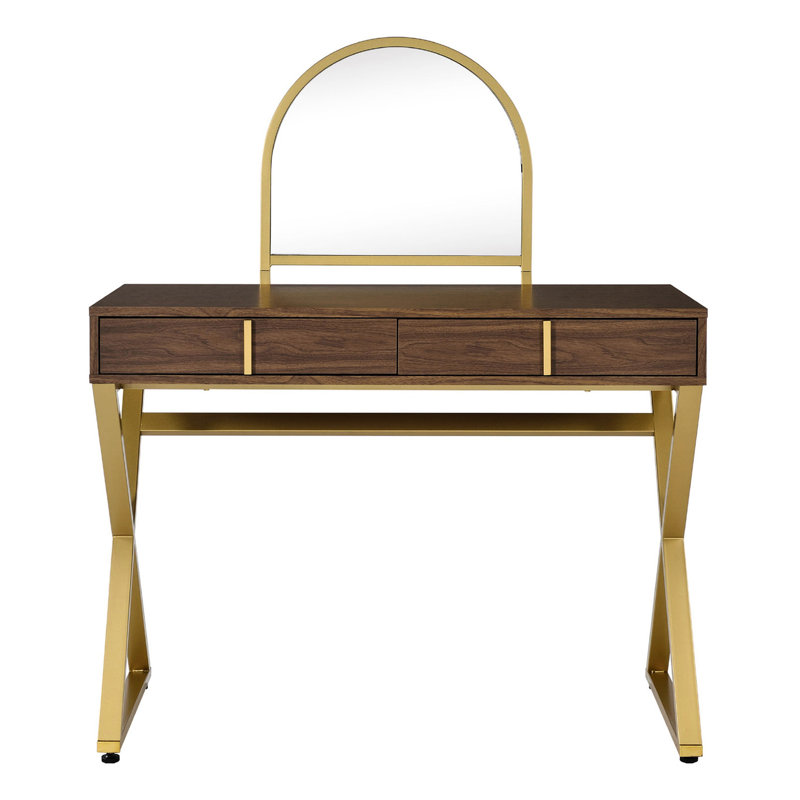 2 Drawers Walnut And Gold Vanity Desk With Mirror Jewelry Tray, Frame, 42 In Depth, 19 Width, 50 Height, For Fashion - Forward Users Drawers, Mirror, Deep, Wide, Tall, Cosmetic Arrangement