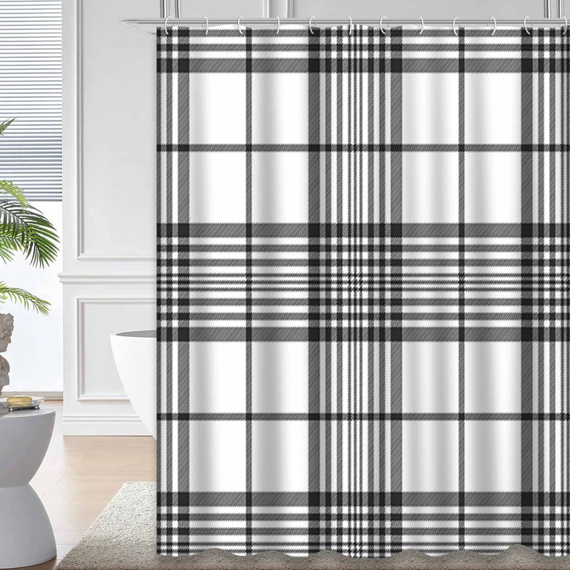 Rideau de douche diagonal à carreaux blancs en tissu monochrome avec 12 crochets, L 72 po x l 78 po