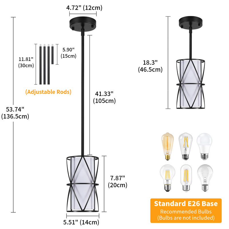 Luminaire suspendu cylindrique moderne à 1 lumière avec abat-jour en tissu blanc pour îlot de cuisine, Noir mat