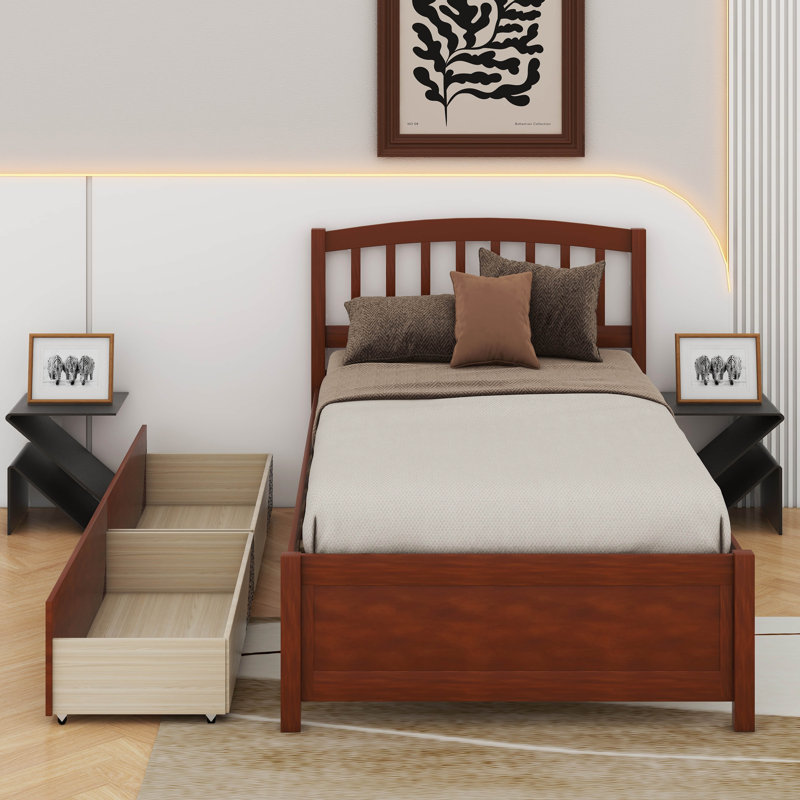 Lit plateforme simple avec 2 tiroirs et tête de lit, Noyer