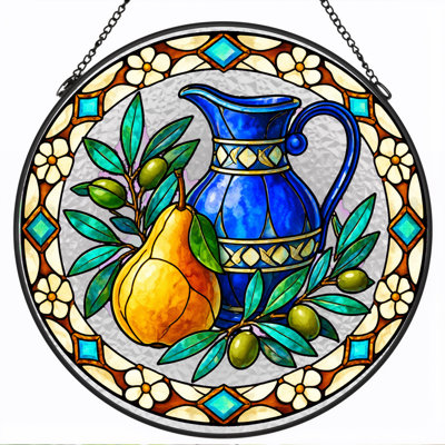 «Blue Pitcher», poire jaune, olive, branches, vitrail, art mural sur toile