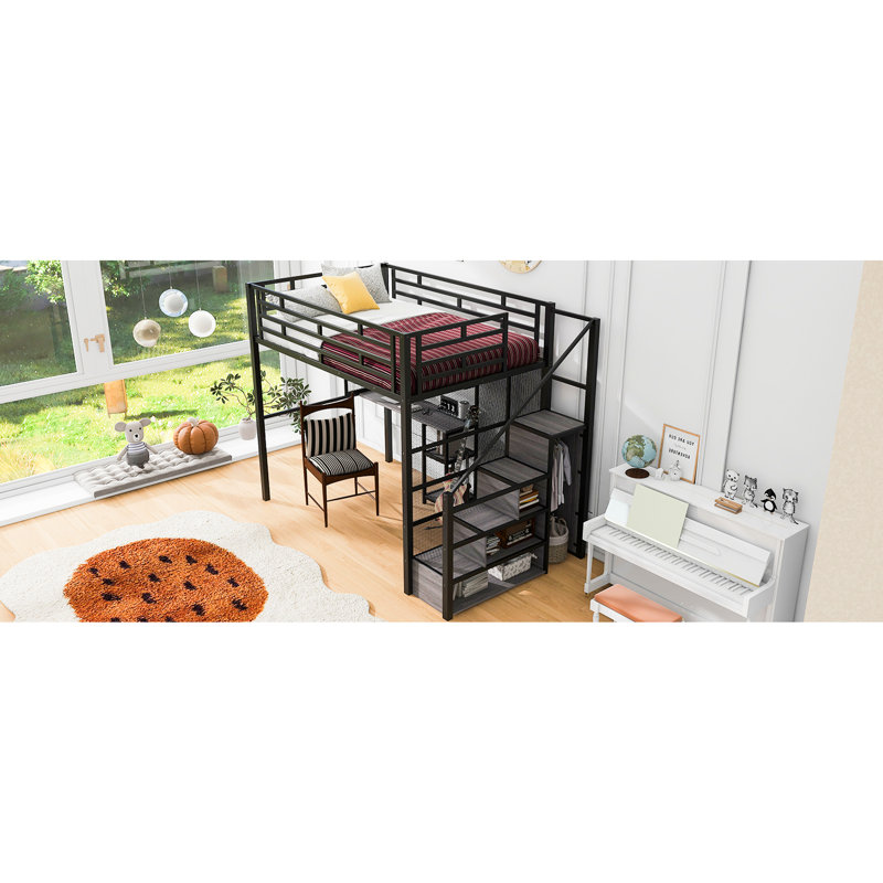 Full Size Metal Loft Bed With Modern Desk, Wardrobe, And Storage Shelves - Black Integration