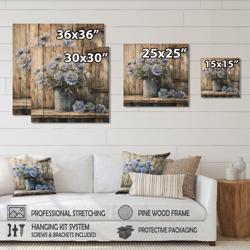 Steel Blue Peonies By The Shed I - Peonies Wood Wall Art - On Natural Pine Wood, 15" H x 15" W x 0.78" D