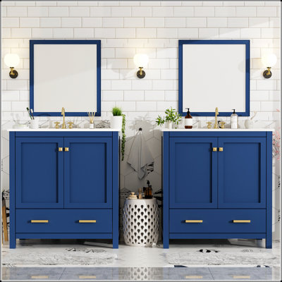 Ensemble de meuble-lavabo bleu 60 po avec double meuble-lavabo, lavabos en céramique et rangement spacieux pour les salles de bain modernes