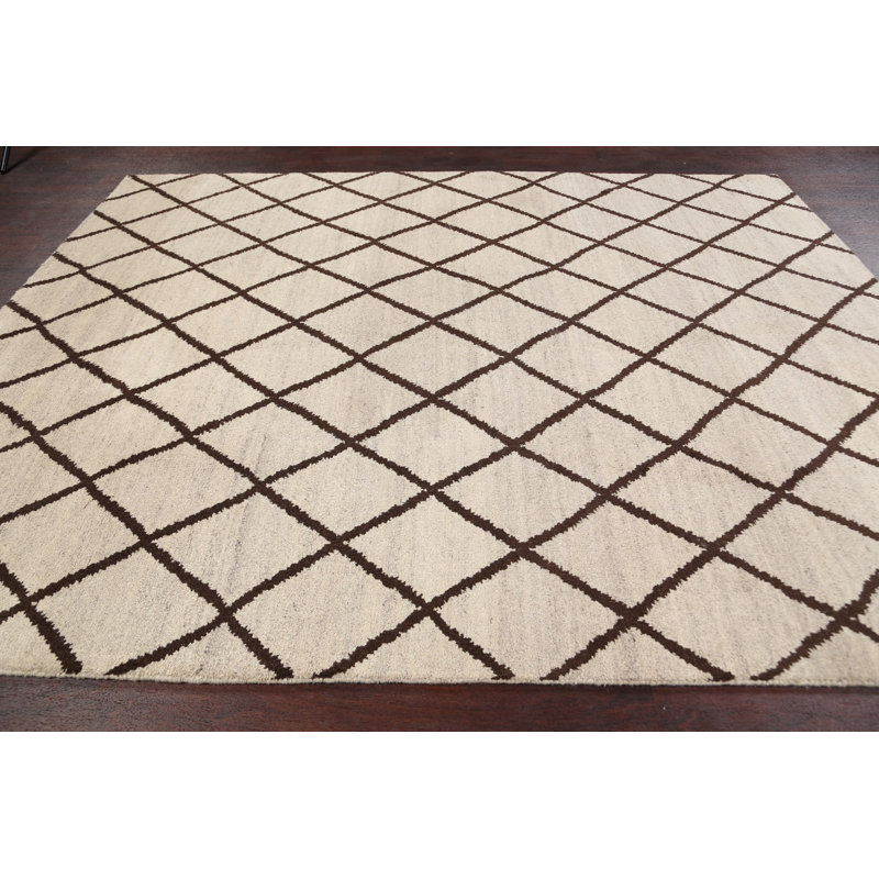 Tapis décoratif en laine de conception unique 7 pi 7 po x 9 pi 6 po noué à la main New Age Ivoire