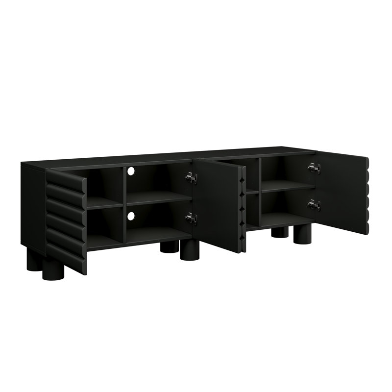 Black Wavy Door TV Cabinet, Media Console For 75" Tvs, 4 Cabinets, Adjustable Shelves | Gift Idea