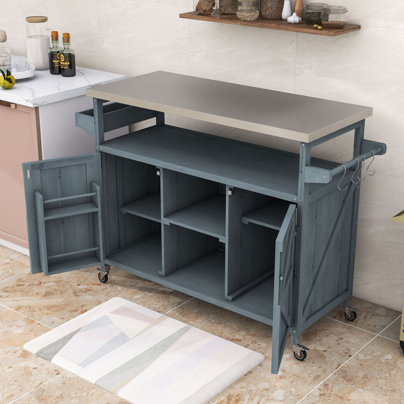 Cheyene Rolling Kitchen Island with Stainless Steel Top and Lockable Wheels, Gray Blue