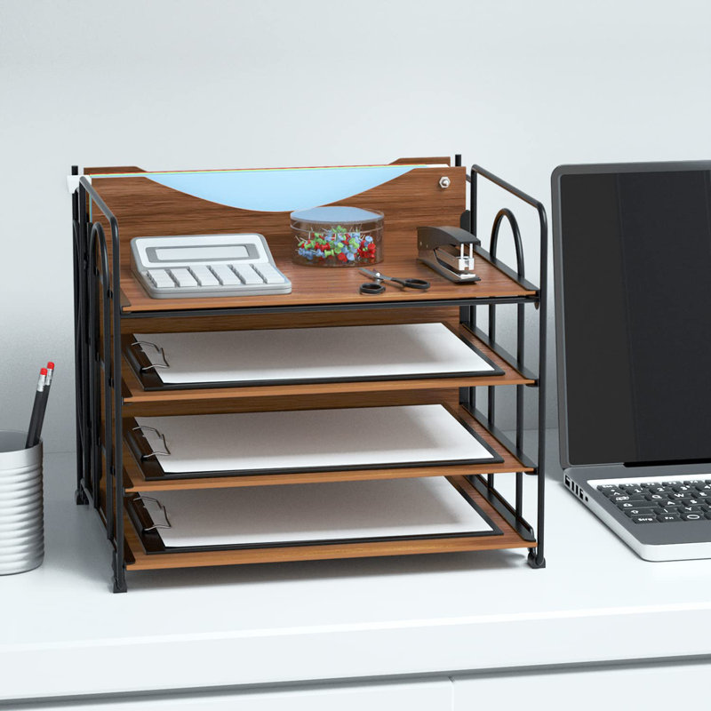 Desktop File Paper Organizer, 4 Layer Wooden Desktop Organizer, Walnut