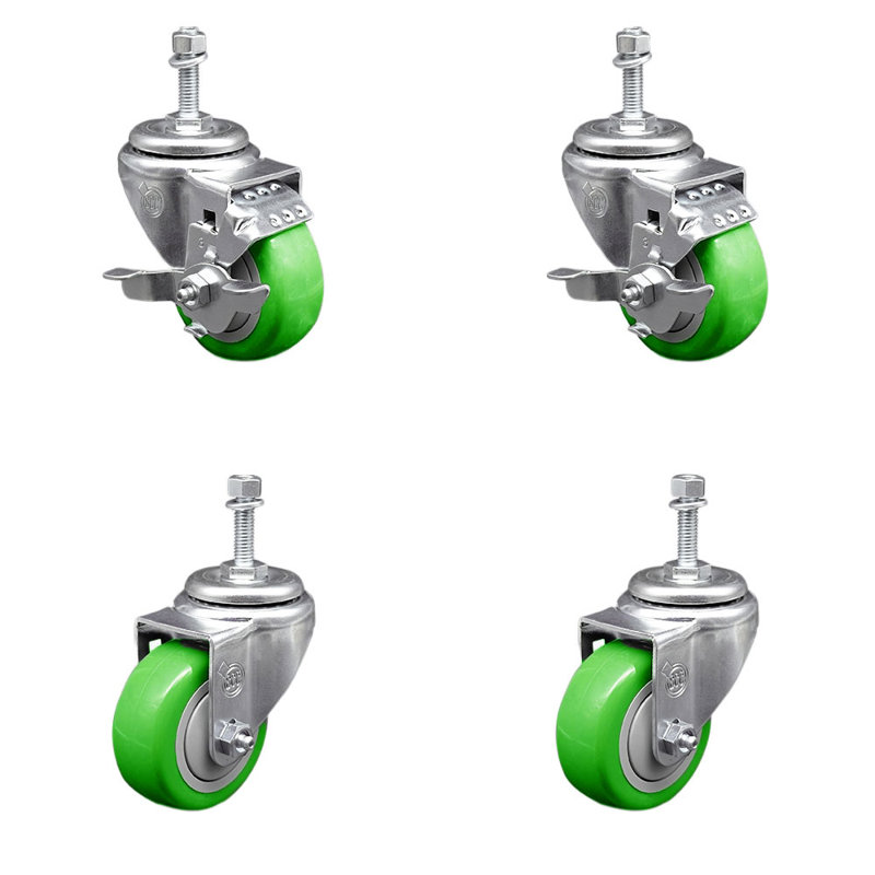 Ensemble de roulettes à tige filetée 3,5 pouces en polyuréthane pivotant de 3,5 pouces et freins filetés 3/8 pouces