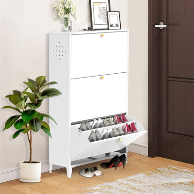 3 Drawer All Steel Shoe Cabinet, Freestanding Shoe Rack Storage Organizer With Flip Door, Modern Tipping Bucket Shoe Cabinet For Entryway, Hallway, Bedroom, White (Requires Assembly)
