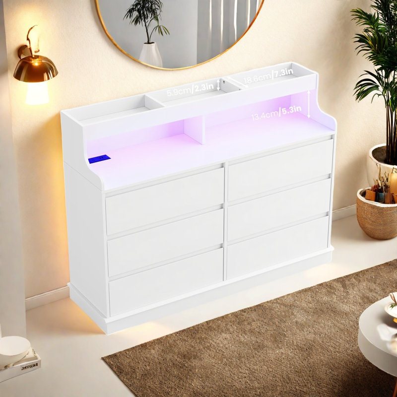 Commode pour chambre à coucher, commode 6 tiroirs avec lumières à DEL et station de charge, Blanc