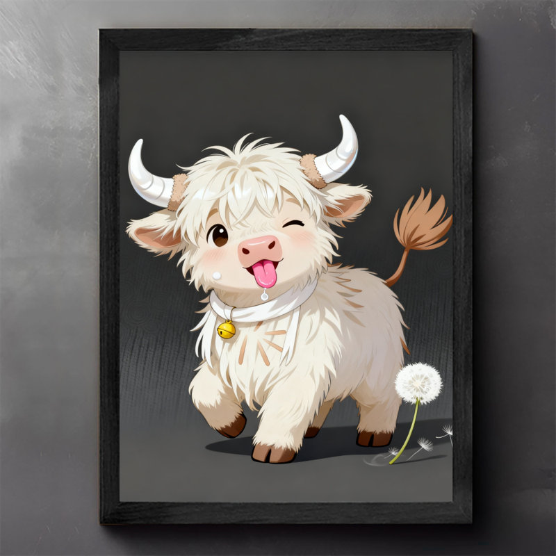Reproduction d'art encadré noir avec joli veau blanc rétro, H 11 po x l 9 po