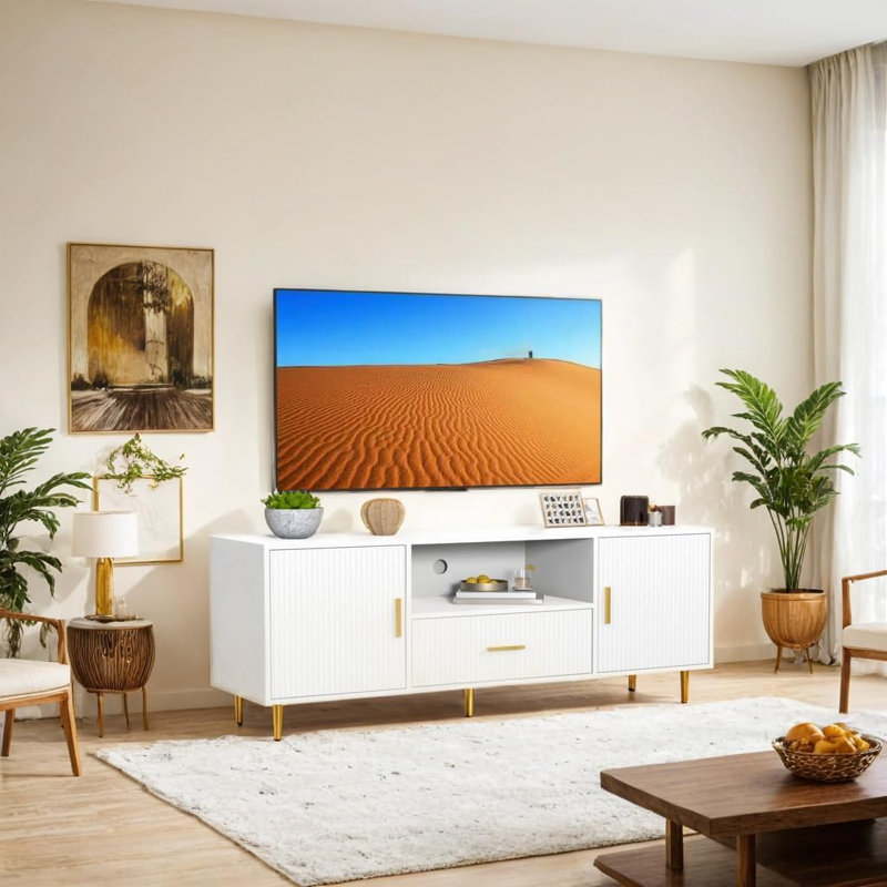 Luxury Fluted TV Stand, Entertainment Center For Tvs Up To 65", Modern Media Console With Drawer And Cabinets, TV Console For Living Room Bedroom