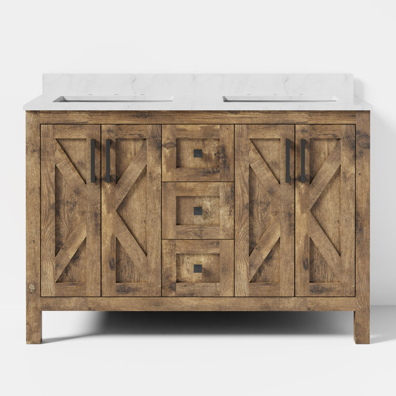 Linsay 48" Fully Assembled Rustic Brown Double Sink Bathroom Vanity with Engineered Stone Marble Top, Soft-Close Doors