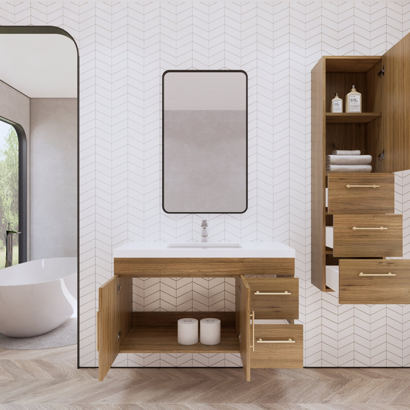 Doddridge 42" Wall-Mounted Single Bathroom Vanity Set, Natural Oak