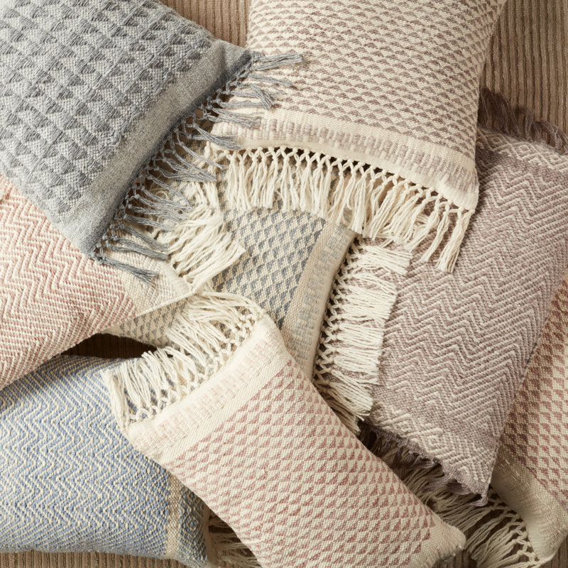 Taupe Chevron Polyester Indoor/Outdoor Lumbar Pillow with Tassels