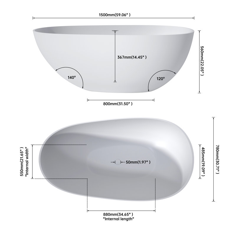 59" Premium Solid Surface Deep Soaking Bathtub
