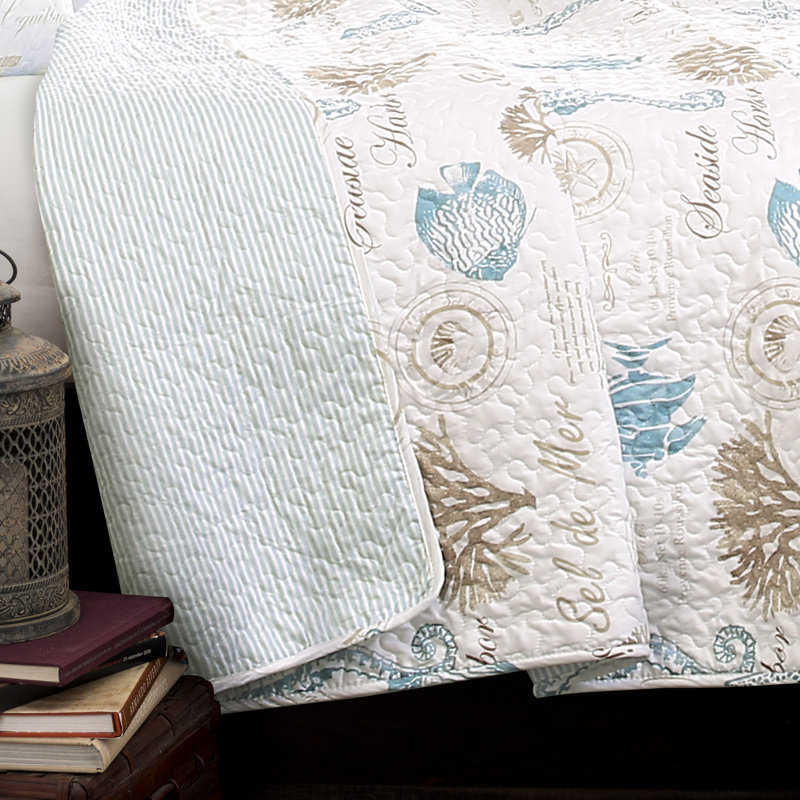 Harbor Life Blue/Taupe Microfiber Reversible Coastal 7 Piece Quilt Set, Queen Quilt + 6 Additional Pieces