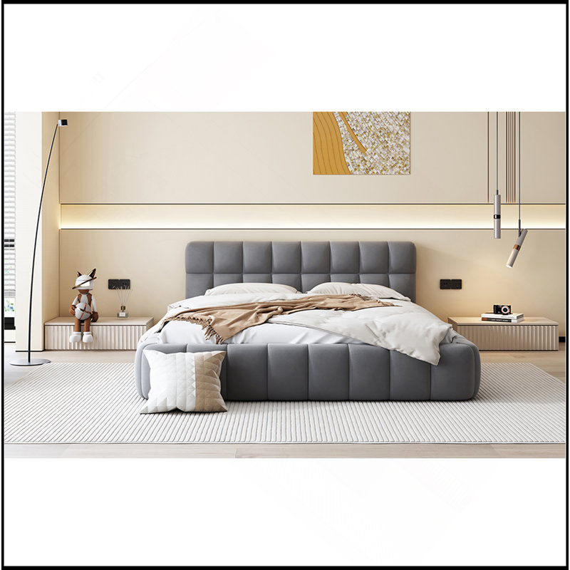 Grand lit plateforme tapissier avec tissu épais, lit au sol avec structure solide, gris