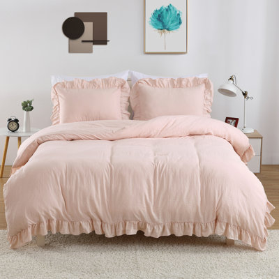 Ensemble de housse de couette à très grand lit, 2 pièces Shabby Chic Farmhouse, motif à volants rétro, microfibre douce, rose