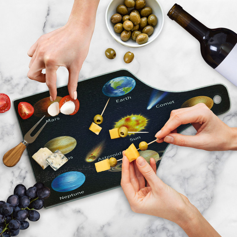 Multicolor Tempered Glass Cutting Board with Space Planets Design