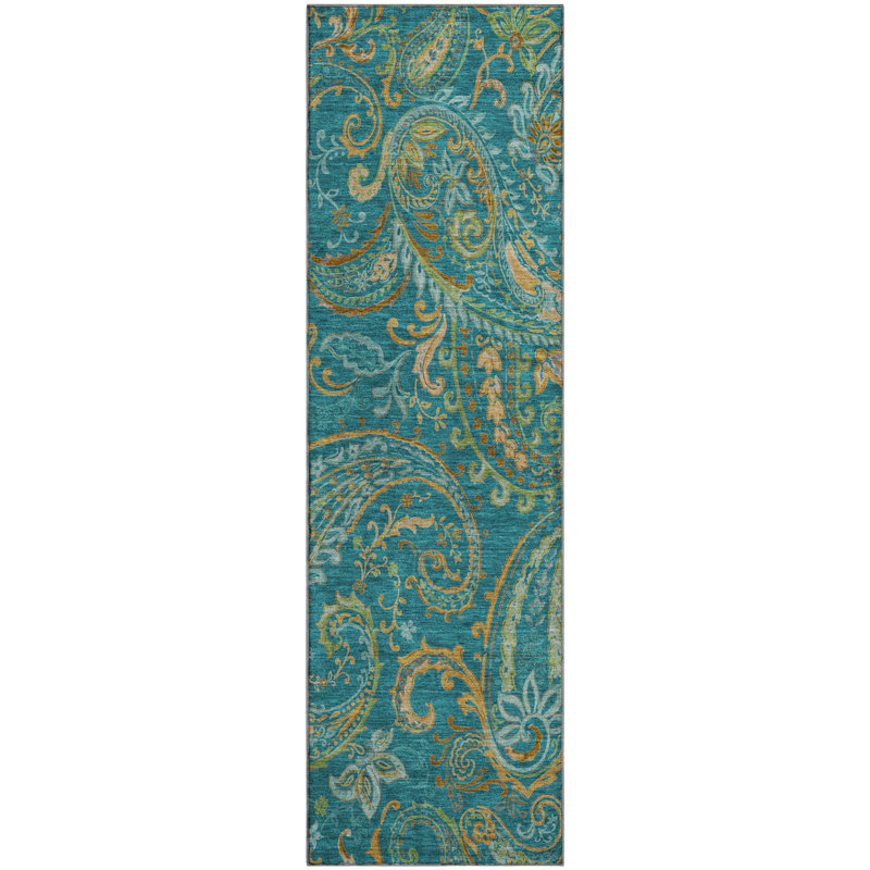 Premium Machine Washable Cerrito AMF533 Teal Rug, Runner 2'3" x 7'6"