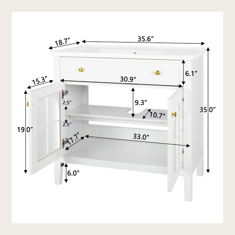 36"Mid-Century Bathroom Vanity with Motion-Sensor Light & Patterned Glass,Farmhouse Sink Cabinet with Storage, High-End Restroom Vanity