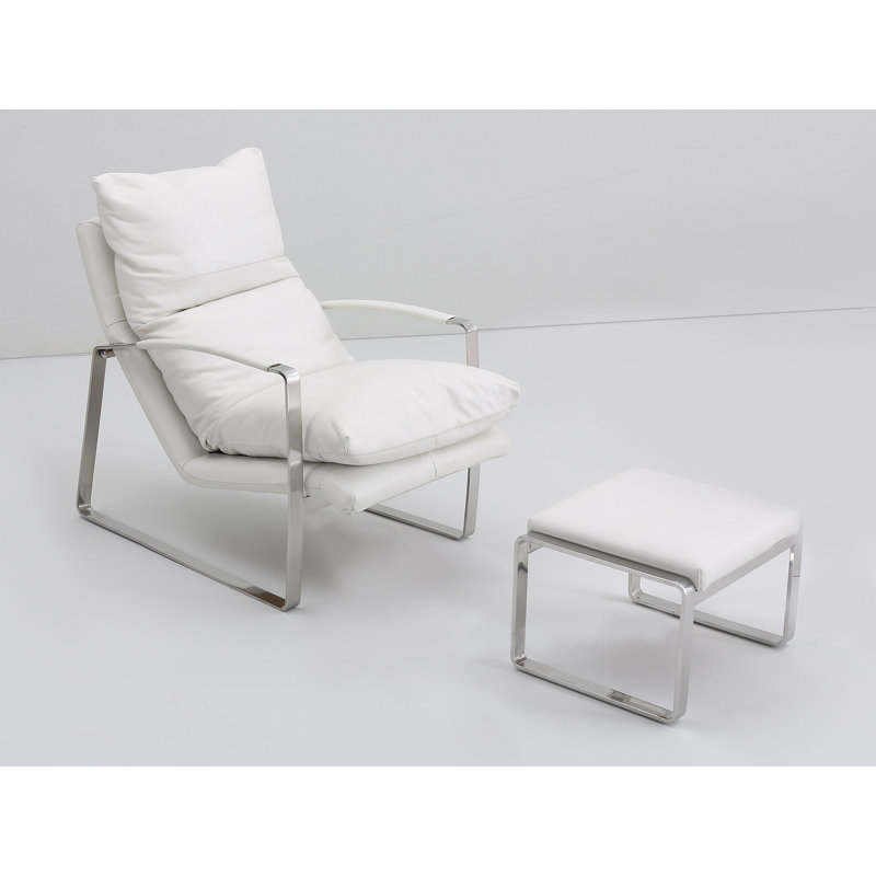 Méridienne et repose-pieds Salinas, Cuir véritable blanc ivoire, Acier inoxydable