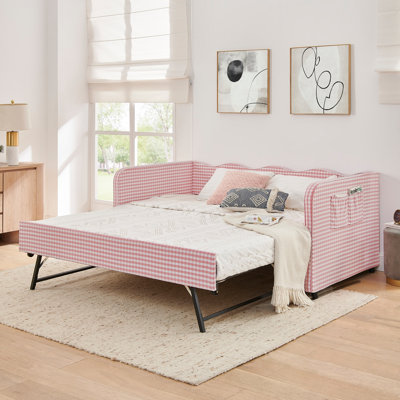 Twin‑Size Daybed, Gingham Upholstered 3‑in‑1 Versatile Convertible Sofa Bed with Pull‑Out Trundle & Side Storage Pockets, Ideal for Multiple Room Layouts and Small‑Space Living-Pink
