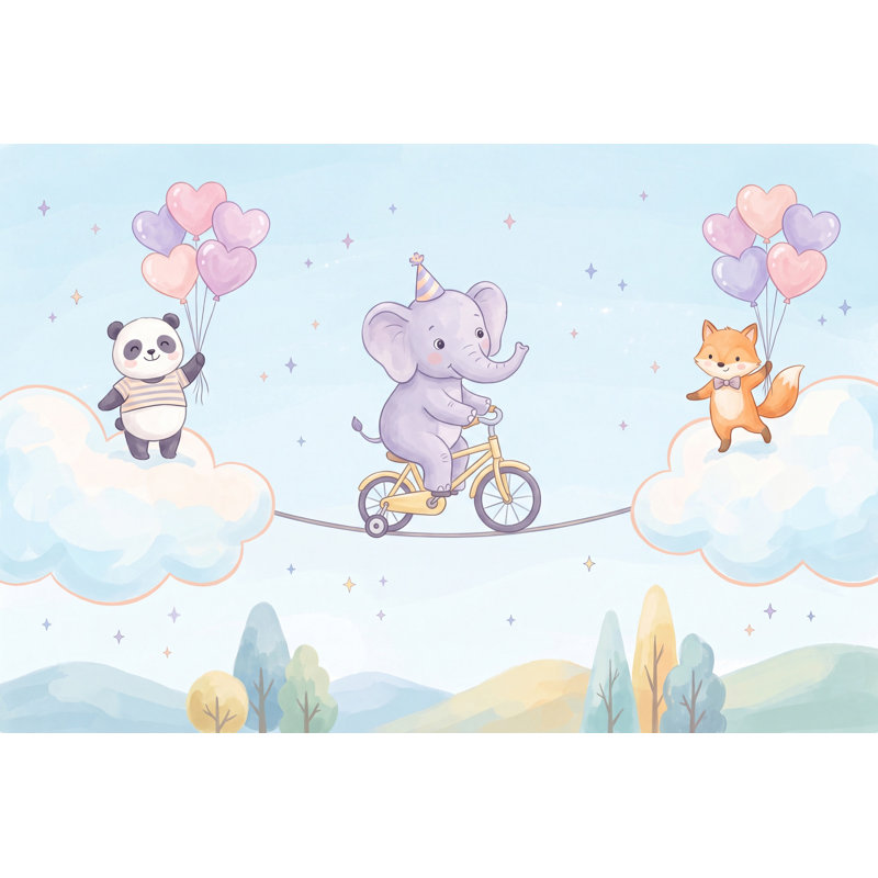 Papier peint éléphant à bicyclette, animaux mignons, ciel pastel, 100 po x 96 po, Non tissé