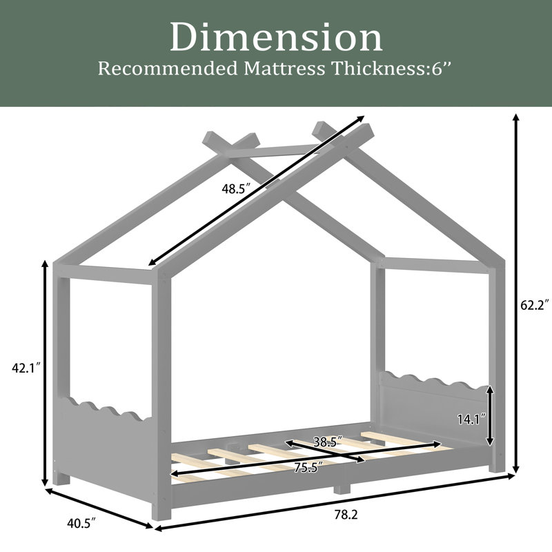 Lit de maison avec lattes de soutien, cadre de lit de maison en bois massif pour enfants, pas de sommier tapissier et structure d'ouverture