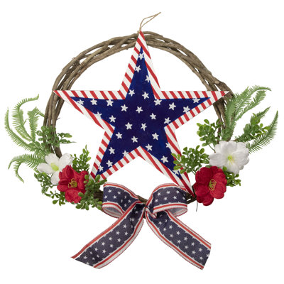 Americana Star And Mixed Floral Patriotic Wreath, 24-Inch, Unlit