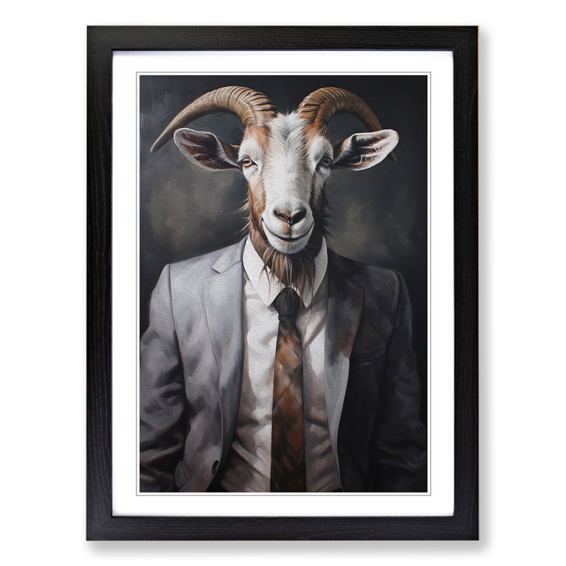 Goat in a Suit Painting - Framed Print, Black Framed, 34cm H x 25cm W