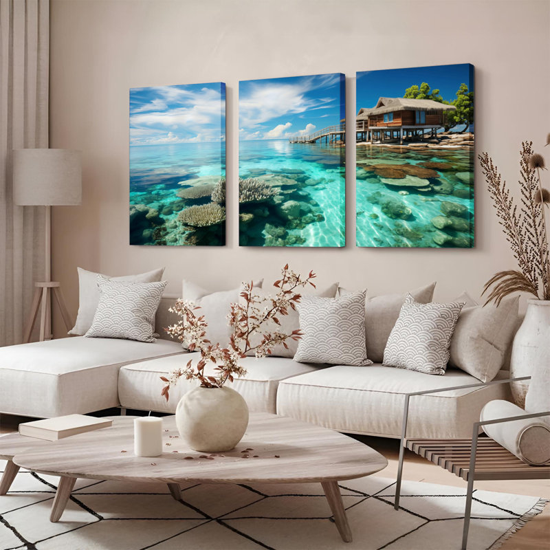 Vue sur l'océan tropical avec récif de corail et pavillon sur l'eau, reproduction d'art sur toile tendue sur toile, ensemble de 3