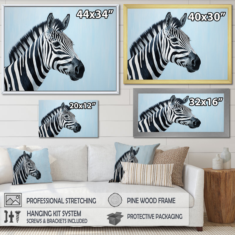 Motif zébré noir et bleu, H 30 po x l 40 po x P 1,5 po, Cadre flottant blanc