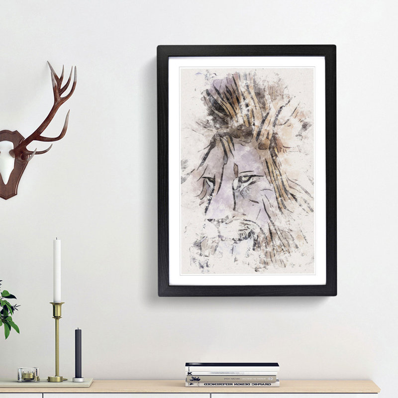 Abstract Lion Art Watercolour - Picture Frame Graphic Art, 87cm H x 62cm W x 2cm D, Black Framed