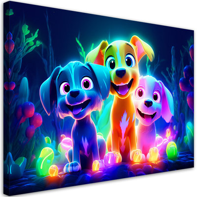 Mural, Cartoon Dogs Neon - No Frame Print on Canvas