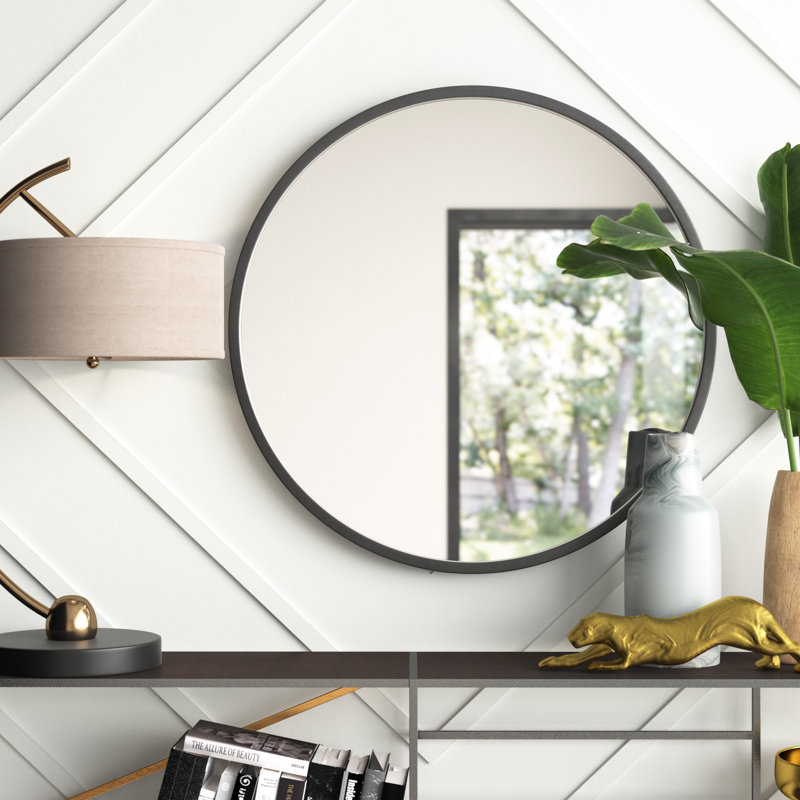 Bali Round Metal Modern Wall Mirror, Dark Gray, 32" x 32"