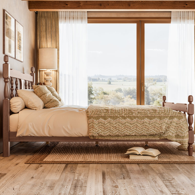 Cadre de lit plateforme en bambou Geometra avec tête de lit carrée découpée pour chambre à coucher, Queen, Brun