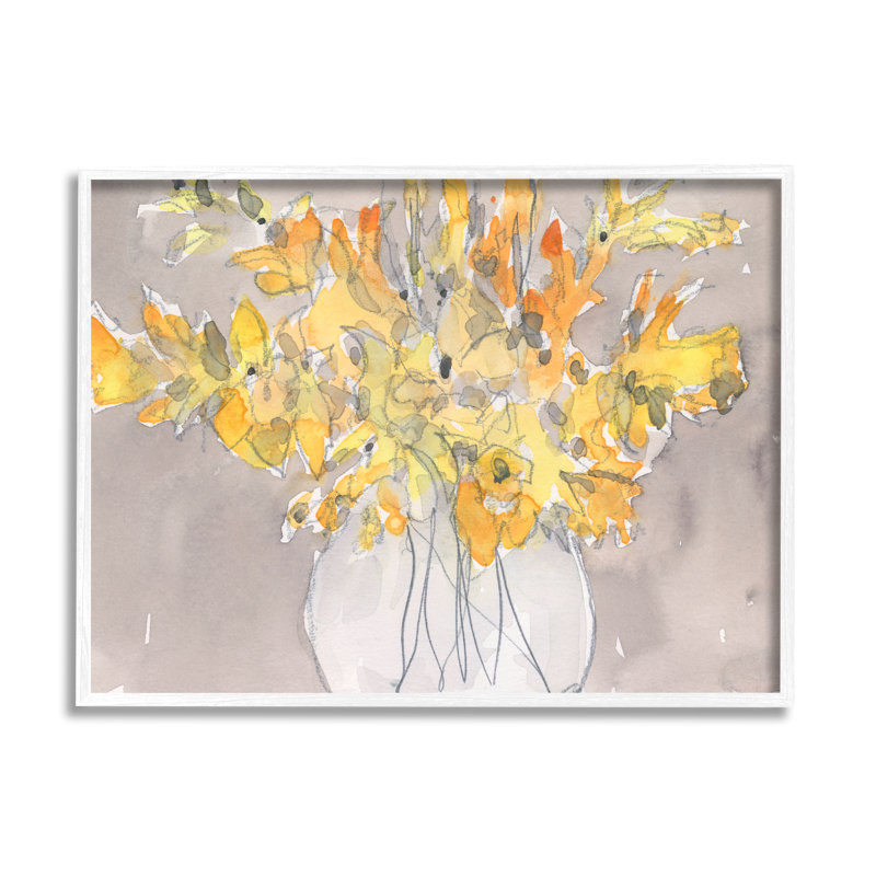 Fleurs de pétales jaunes modernes, H 11 po x l 14 po x P 1,5 po, Giclée encadrée blanc bord de mer