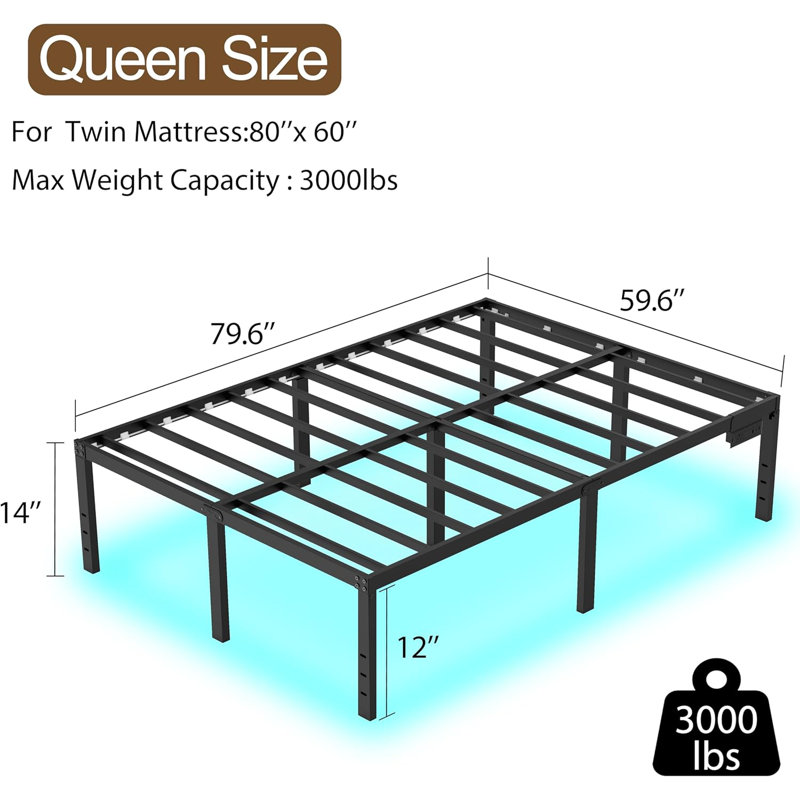 Base de lit plateforme de 14 pouces avec lumières DEL Station de charge Base de matelas en métal noir Aucun sommier nécessaire grand espace de rangement anti-bruit