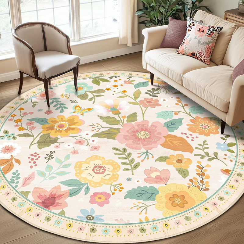 8Ft Beige/White/Orange Floral Boho Rug Machine Washable Non-Slip Low Pile Carpet For Nursery Kids Room, Round 8'