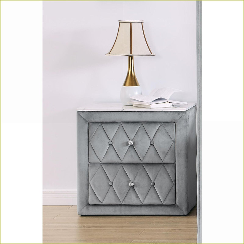2-Drawer Contemporary Gray Nightstand with Faux Marble Top, Gray