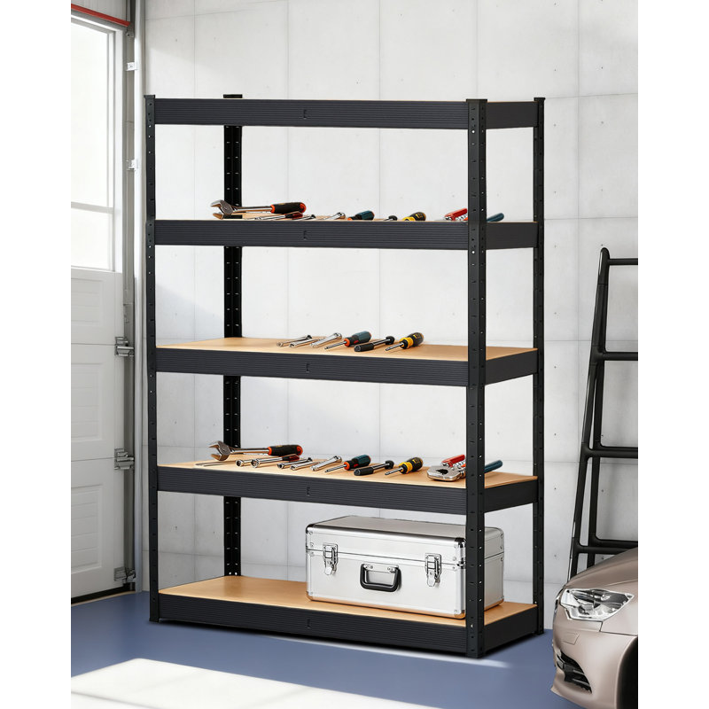  Étagère de rangement robuste en métal à 5 niveaux, support de garage industriel avec tablettes en bois, rangement réglable pour sous-sol, entrepôt, cuisine, bureau, cadre noir