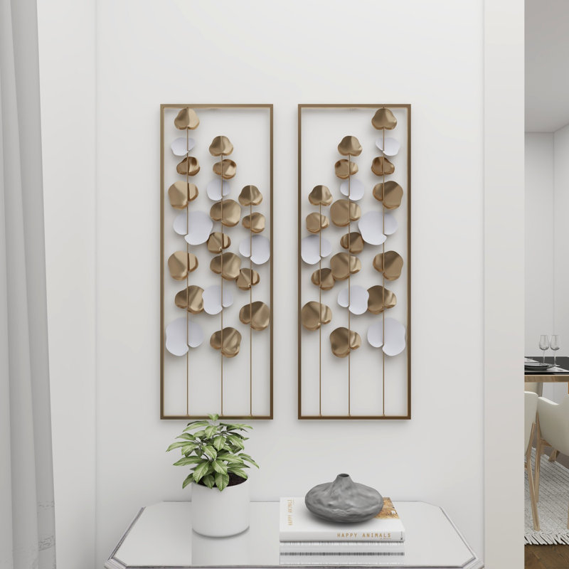 Décoration murale grande feuille découpée en métal doré avec cadre doré l 12 po, H 34 po