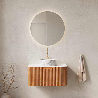 30" Bathroom Vanity With Sink, Wall-Mounted Floating Curved Edges Striped Bathroom Storage Cabinet With Drawer, White Round Ceramic Basin With Stone Pattern, Pre-Assembled, Black Colour